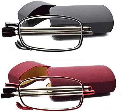 2 Pairs Metal Compact Folding Reading Glasses,Flip Top Magnetic Cases Included,Readers for Men and Women (Gunmetal & Red, 2.75x)