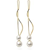 SLUYNZ Sterling Silver Pearls Dangle Earrings Curve Chain for Women Girls Pearls Threader Wedding Earrings for Brides