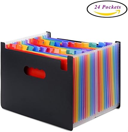HIHUHEN 24 Pockets Expanding File Folder Organiser Improved Version Plastic A4 Documents Paperwork Accordion Business Document Divider Storage Bag with Logo Pringting Packing (1 x File Folder)