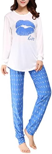 VENTELAN Women's Long Sleeve Sweet Kisses Pajama Sets Sleepwear Nightgown, Blue, XS
