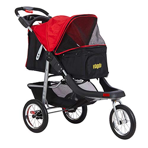 VIAGDO Premium Heavy Duty Pet Stroller for Small Medium Dogs & Cats, 3-Wheel Cat Stroller, Foldable Dog Stroller with Pump-Free Rubber Tires/Suspension System/Link Brake/One-Hand Fold