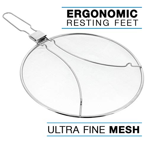 U.S. Kitchen Supply 13" Stainless Steel Fine Mesh Splatter Screen with Folding Handle and Resting Feet - Use on Pots and Pans - Grease Oil Guard for Safe Cooking