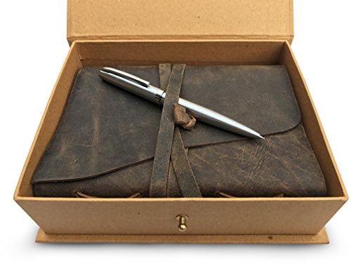 LEATHER JOURNAL Gift Set Handmade - Ideal Present with Box, Secret Pen Holder and Premium Metallic Pen - Writing Notebook 8 x 6 Inches Blank Paper, Rustic Leather-Bound Daily Notepad For Men and Women