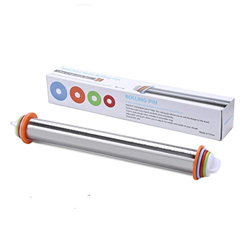 Adjustable Rolling Pin, Stainless Steel Roller Pins with 4 Removable Adjustable Thickness Rings and Pastry Mat for Baking, Pastry, Pizza Pie, Cookie, Fondant Dough