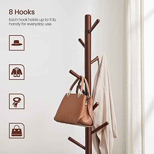 VASAGLE Coat Rack Freestanding, Wooden Coat Rack Stand with 8 Hooks, Adjustable Coat Tree for