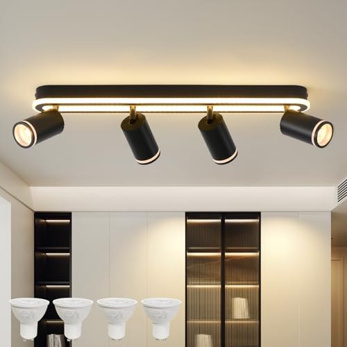 MYCUL Tech 4 Flames 350° Swivel, Ceiling Spotlight with Lower Glow 36W+4x5W Spotlights GU10,3000K Warm White Indoor LED Spotlights, Modern Ceiling Lamp, Spotlight for Kitchen, Living Room Black