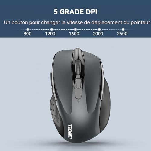 TECKNET Wireless Mouse, 2.4G Optical Mouse with 2600 DPI, Ergonomic Mouse for Laptop, PC with USB Receiver, Silent Click, Grey