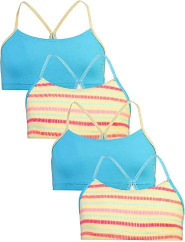 U.S. Polo Assn. Girls Training Bra, 4-Pack, Assorted Colors and Styles, Yellow Stripes/Blue, Small/7-8'