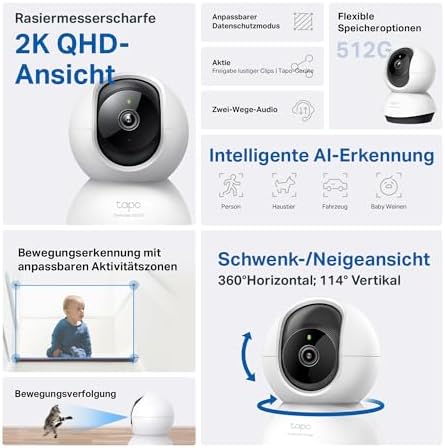 TP-Link C220 360°-WLAN-Überwachungskamera für den Innenbereich, 2K 4MP, IR Nachtsicht, Bewegungserkennung, Zwei-Wege-Audio, kompatibel mit Alexa und Google Assistant, für Babys/Haustiere