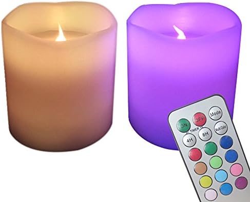【Multi-colored Timer】LED Flickering Real Wax Flameless Candles Battery Powered Pillar Candles with Remote Control and Timer for Birthday Decorations Party(H3" D3" Inches, 2 Pack)