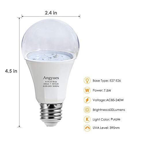 UV LED Bulb 7.5W A19 Black Bulb 120V 60W Equivalent UVA Grade 395nm for Black Light Party Night Light, Body Painting, Fluorescent Poster, Special Effects E26 Base 2 Pack