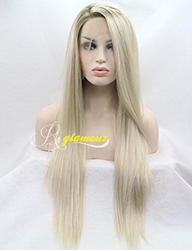 Riglamour Ombre Blonde Glueless Lace Front Wig with Dark Roots 2 Tone Color Side Part - Long Straight Heat Resistant Synthetic Hair Replacement Wigs for Women Half Hand Tied 24 Inches
