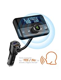 Transmisor FM Bluetooth para automóvil con comando de voz, Adaptador de radio inalámbrico con manos libres 4.2 Puertos Bluetooth QC3.0 y Smart 2.4A Dual, Entrada   salida AUX, Reproductor de Mp3 de la unidad TF de la tarjeta USB [Actualizado]