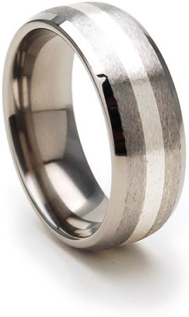 The Jewelry Source New Comfort Fit, 8mm Titanium Ring, Sterling Silver Inlay Wedding Band