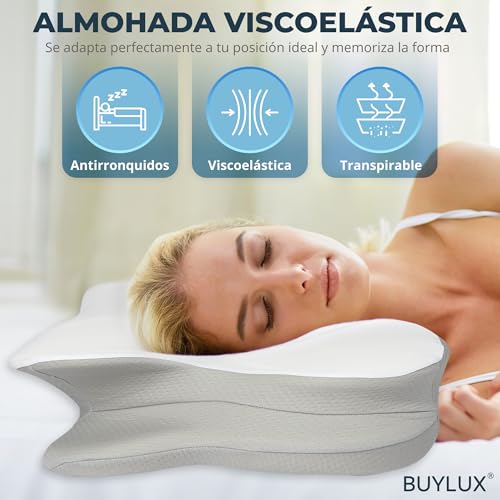 BUYLUX® Premium 2-in-1 Ergonomic Neck Pillow | Anti-Snoring Memory Foam Cervical Pillow for Side or Back Sleepers for Travel | Pillow for Neck Pain and Sleep Better