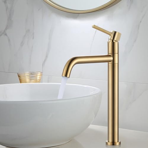 ARCORA High Basin Tap, High Single Lever Mixer, 360° Rotating, Ceramic Cartridge, Solid Brass Stainless Steel, Smooth Temperature Adjustment, for Bathroom Sink, Gold