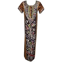 Mogul Interior Women's Nightgown Maxi Dress Brown Printed Night Wear Caftan L
