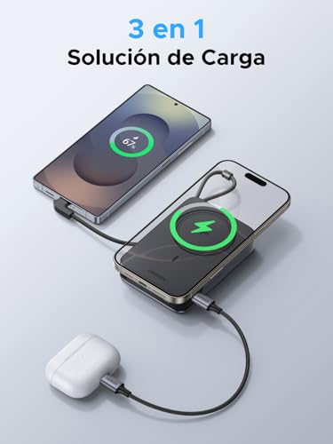 UGREEN 10000mAh Power Bank QI2 15W Inalámbrico PD 30W Carga Rápida, Bateria Portatil iPhone con Cable USB-C Integrado y Soporte Plegable, Pila Portatil Magsafe Compatible con iPhone 17/16/15, Galaxy