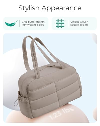 BAGSMART Puffer Travel Duffle Bag for Women, 31L Lightweight Quilted Laptop Carry on Gym Bag, Water Resistant Organizer for Weekender Overnight Hospital Sports Workout, Khaki