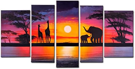 VASTING ART 5-Panel 100% Hand-Painted Oil Paintings Animal Landscape Sunset Lake Modern Abstract Wrapped Canvas Wood Framed Ready To Hang Home Decoration Wall Decor Yellow Purple Elephant Giraffe