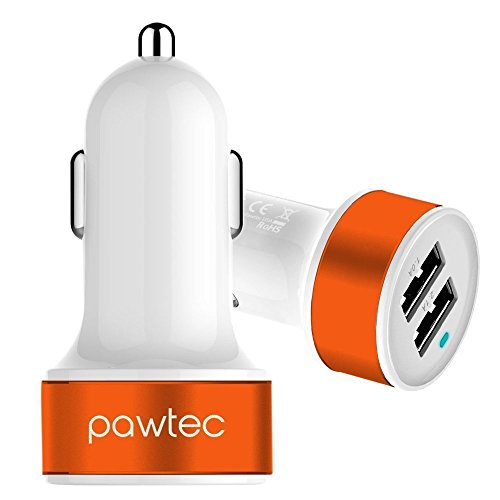 Pawtec Signature Mini Dual USB Car Charger 5V 3.1A/15W High-Speed with Storage Sleeve - Compatible with iPhone XS, XS Max, X, 8, 7, 6s, 6, iPad, Samsung Galaxy / Note9 (White)