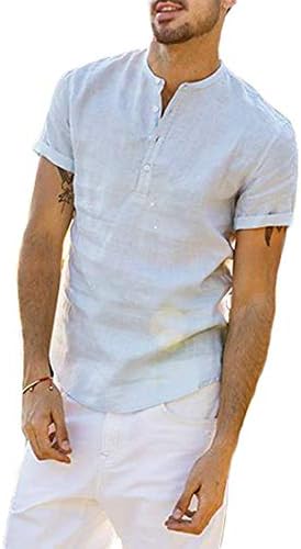 Mens V Neck Cotton Linen Henley Shirts 3/4 Sleeve Banded Collar T-Shirt Loose Fit Summer Beach Tops