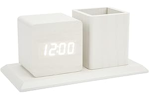 Wooden Pen Holder Clock, 3 Level Brightness Adjustment Voice Control LED Digital Alarm Clock with Intelligent Silent Mode, fo