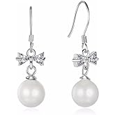 Bellitia Jewelry 925 Sterling Silver Classic Butterfly Earrings with Pearl CZ Drop Hypoallergenic Hook Earrings for Women Ladies, Pearl Dangle Earrings