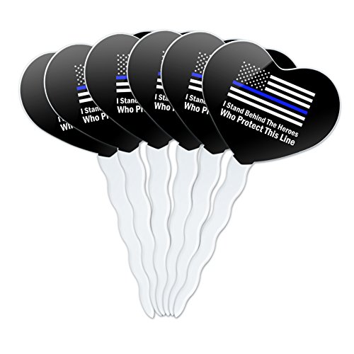 GRAPHICS & MORE I Stand Behind The Heroes Who Protect This Line Thin Blue American Flag Heart Love Cupcake Picks Toppers Decoration Set of 6