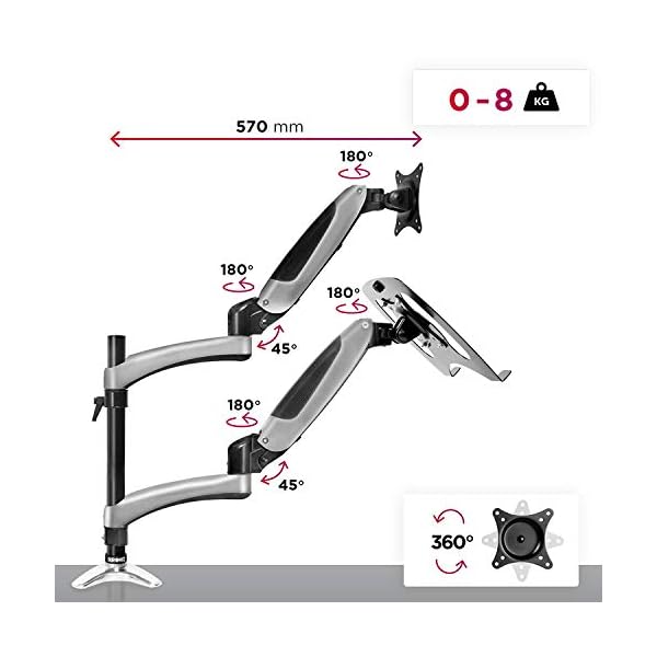 Soporte Pantalla de 15" a 27" + Plataforma Suplementaria Ordenador Portátil o Teclado con Brazo de 57 cm - Sistema de Muelle a Gas - Imagen 5