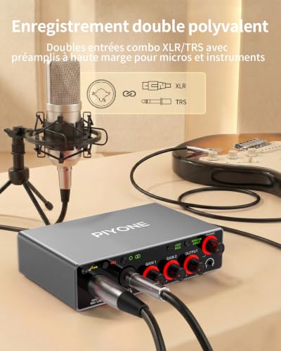 PIYONE 2x2 USB Audio Interface, 24bit/192kHz Studio Sound Card for PC/Mac/iOS, Recording, Podcast, XLR/TRS Input, 48V Phantom, Loopback, Zero Latency Monitoring (Alloy Grey)