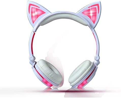 Kids Headphones Wired Over-Ear Foldable LED Gaming Flashing Lights with USB Charger Earphone Headset for iPhone 6s,6s Plus,Android,iPad and Computer (White&Pink,New Version)