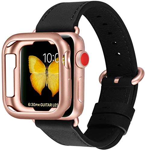 PEAK ZHANG Compatible with Apple Watch Band with Case, 38mm 40mm 42mm 44mm Women Men Top Grain Leather Strap for iWatch Series 4,3,2,1 (Black+Series 4/3 Rose Gold Clasp, 42mm 44mm Small)