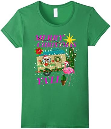 Womens Merry Christmas Ya'll Trailer Flamingo Kitsch Trendy Shirt XL Grass