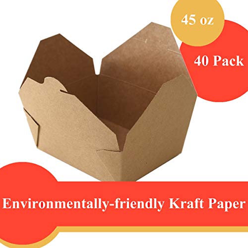 Take Out Boxes 45 Oz Chinese Take Out Containers 40 Pack Microwaveble Folding Natural Kraft Food Box Meal Prep Containers for Food Take Out Boxes Ideal Leak and Grease Resistant for Restaurants