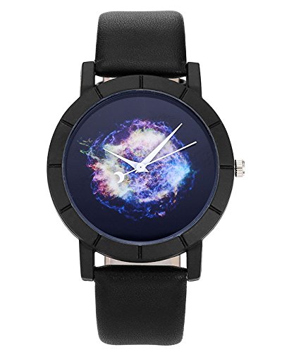 JSDDE 2pcs Montre Set Montre à Quartz Femme Cadran Couleur de l\'étoiles Ciel Bracelet PU +7 Chakra Bracelet Perle d\'intervalle Set Sac en Peluche