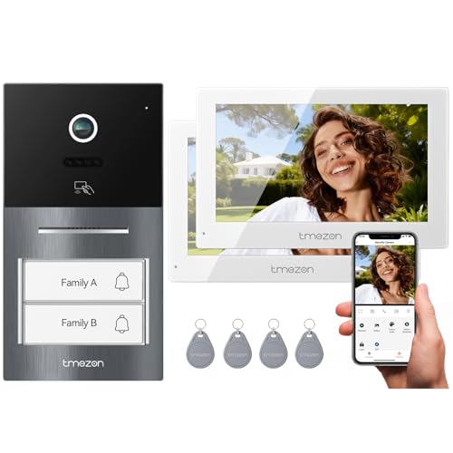 TMEZON Y70 Smart 2-Wire Video Intercom, Two Monitors and External Doorbell with Camera, APP/RFID Unlock Card, Detect Intelligent Human Movement, Two-Family