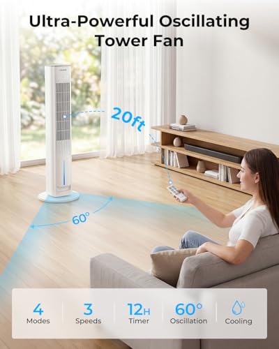 LEENON Silent Column Fan, 3L Capacity Oscillating Fan with Remote Control and 3 Speeds, 3 Modes and 12H Timer Column Fan for Home and Office – White