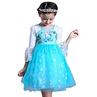 LEHNO Girls Party Dress Frozen Parttern Baby Birthday Present/Gift Lace Border (8966#Blue (Long Sleeve), 3-4Y(110cm))