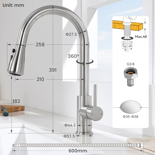 CECIPA Kitchen Sink Tap with 2 Types of Modes, Kitchen Mixer with Pull-Out Shower 40 cm, Stainless Steel Tap with Pull-Out Shower, 360° Swivel Mixer Tap