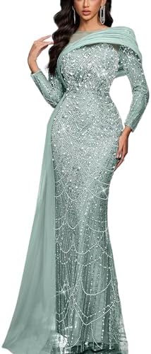 sequin hand beaded long sleeve formal dress reviews Long Couture Long Sleeve Beaded Formal Dress in Sage