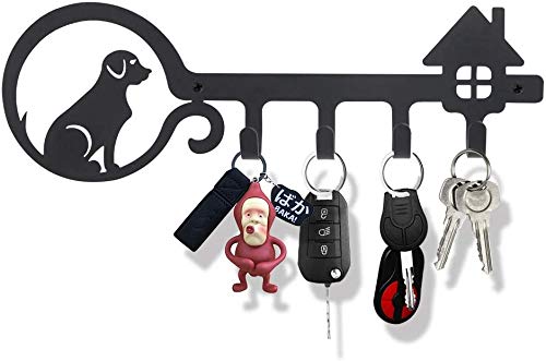 Decorative Wall Mounted Iron Key Holder, 11 inch with 4 Key Hooks Organizer for car or house keys, Key Rack with Screws and Anchors (Dog and Home)