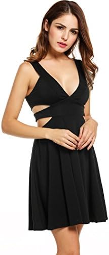 Peab Women Plus Size Casual Sleeveless Solid Deep V Neck Cross Hollow Out Dress for Party Club (XL, Black)