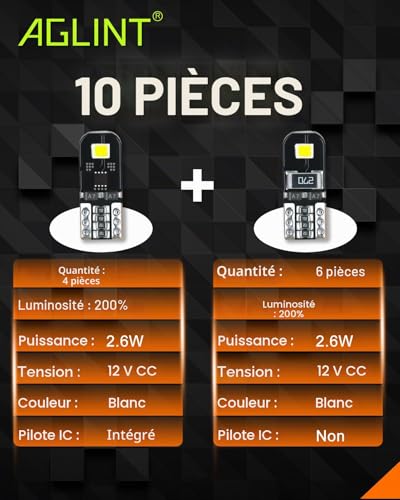 AGLINT T10 LED Bulbs Canbus Error Free 12V White No Polarity Designed W5W 194 501 168 Wedge Car Interior Dome Light Door Side Trunk Ceiling License Plate 10Pcs
