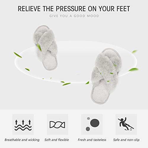 LEACOOLKEY Women Cross Band Slippers, Soft Plush Fleece Slippers, Furry Cozy Open Toe House Shoes, Indoor Outdoor Faux Rabbit Fur Comfy Slippers
