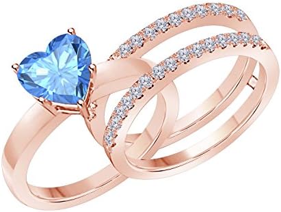 1.50 Ct Heart Shape Blue Topaz &amp; Simulated Diamond Enhancer Solitaire Engagement Ring 14k Rose Gold Plated Guard Wrap Jacket
