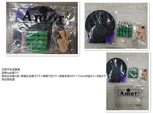 AMOR PRESENT Wicked Witch Costume, 17PCS Halloween Witch Costume Accessories for Kids Adults Witch Nose for Costume Halloween Party Favors Cosplay Party Novelty Costume