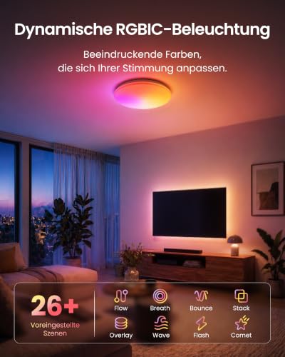 SwitchBot RGBICWW Ceiling Light 37.6 cm, Matte LED Ceiling Light Dimmable 3200 LM, 2700-6500K, 32W, Compatible with Alexa & Apple Home, CRI 90+, Ceiling Light LED for Bedroom, Living Room, Hallway