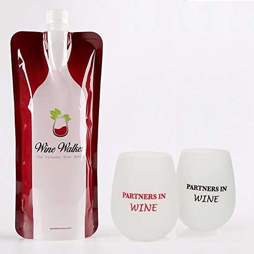 Wine To Go Set - 2 Unbreakable Stemless Silicone Wine Glasses & Foldable Wine Bottle Flask Bag With Filling Funnel Accessory