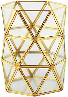 Makeup Brush Vase Pen Holder Organizer Cup Clear Glass Stationery Elegant Storage Tube - Gold Wire Edging for Office Desk Place Ornaments Illustration Bottles